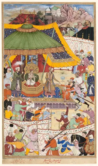 The Young Emperor Akbar Arrests the Insolent Shah Abu’l-Maali, Page from a Manuscript of the Akbarnama, Basawan, Mughal dynasty (1526-1857), c. 1590-1595, opaque watercolor and gold on paper