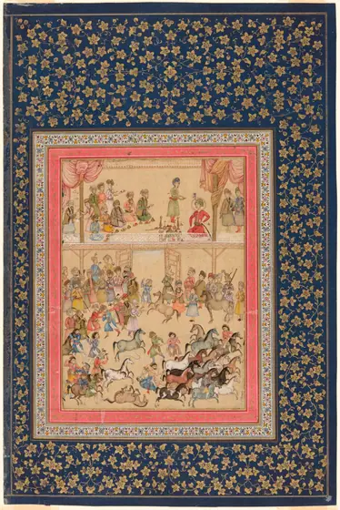 Watercolor of tiny people and horses, framed with gold flowers on navy background.