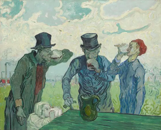 Painting of three male figures, two older men in top hats and a younger man with red hair, standing outdoors around a wooden table with a pitcher on it, drinking from glasses.