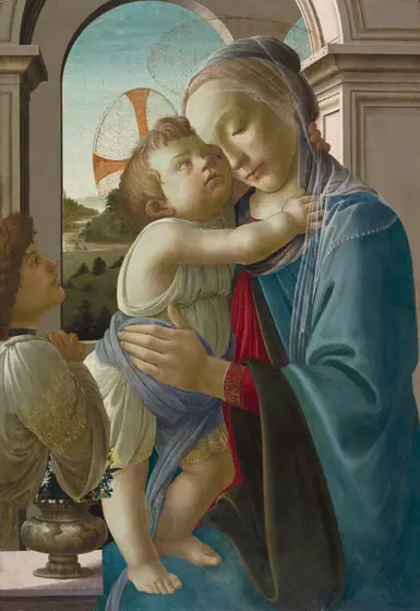 A light-skinned, blond Virgin Mary in blue holds a child, his arms reaching around her neck and face upturned toward hers. At left, an angel looks on.
