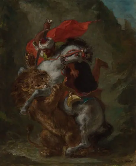 Arab Horseman Attacked by a Lion, Eugène Delacroix, 1849–50, oil on paperboard
