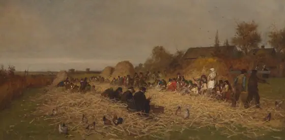 Dozens of figures in a brown field filled with discarded corn silks form two rows and sit across from each other husking corn, a farm in the background.