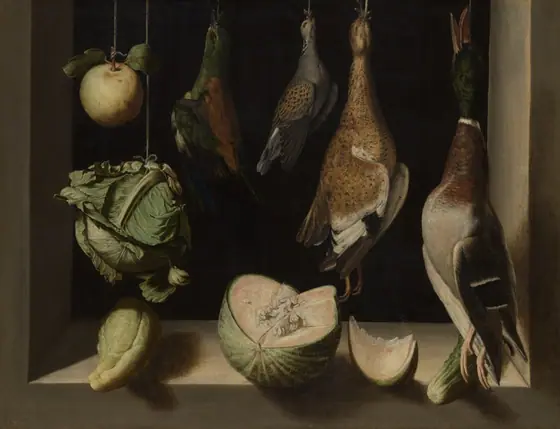 Still life painting of dead waterfowl and vegetables in windowsill.