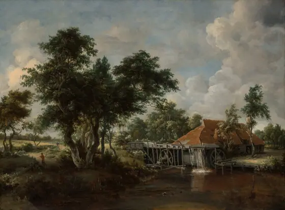 Landscape painting featuring a wavy tree tree in the foreground and a watermill with a red roof adjacent to a river at right. Colors are subdued earth tones, the foliage a dark green and the river a muddy brown.