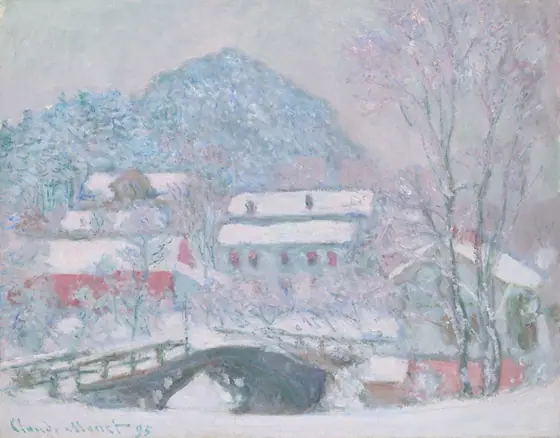 Light-colored snowscape with visible brushstrokes featuring a bridge in front of red and white barns and farmhouses, surrounded by trees.