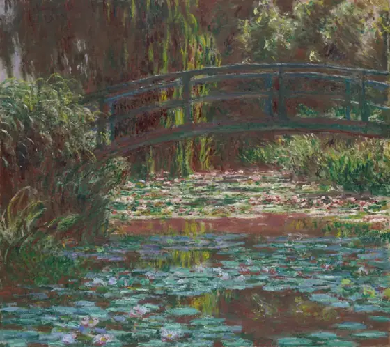Painting of a small pond dense with pink water lilies, their roots visible through the water, a railed footbridge arching over the pond and lush, dark green folliage surrounding it.