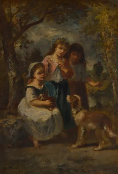Painting of three light-skinned girls in a woodland setting. A dog in the foreground faces a girl with a puppy in her lap.