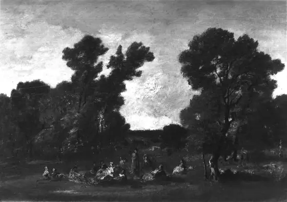 Nocturnal landscape painting with lush trees and a large patch of sky with visible brushstrokes. Multiple small, seated figures line the foreground.