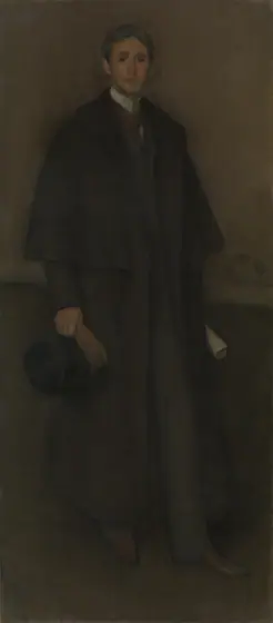 Very dark painting of a light-skinned, mostly clean-shaven young man in dark suit and dark full-length coat, holding a rolled-up paper and gloves.