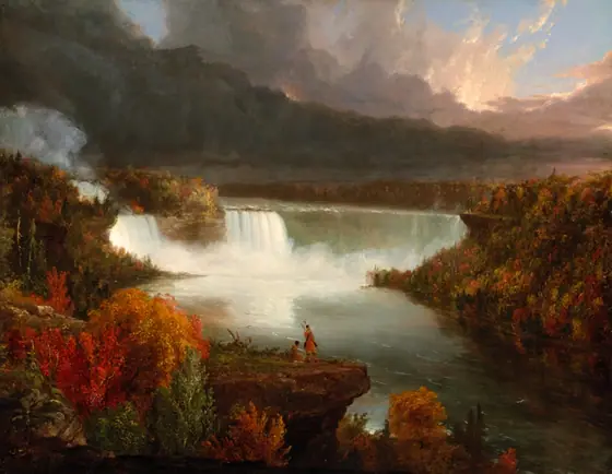 Painting of a vast autumn scene with two very small figures in Indigenous clothing standing on a cliff overlooking a massive waterfall in the distance.