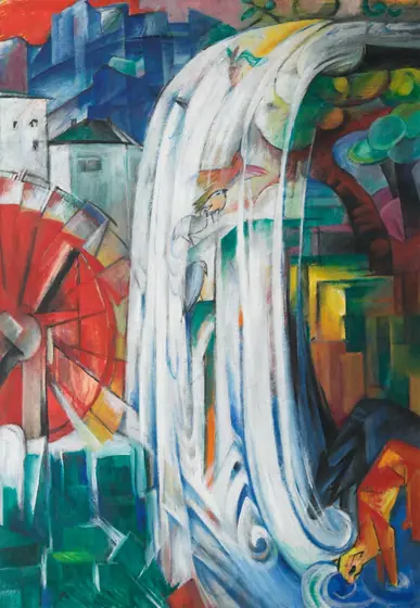 Vibrantly colored geometric painting of a central white and blue waterfall with birds visible through it. A stylized red jungle cat and black wild boar drink at bottom right.