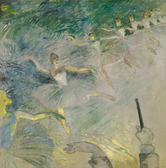 A diagonal line of leaping ballet dancers recedes from a starkly lit dancer partially visible at bottom left. All are broadly painted against a blue-green ground above them, pale pink below.
