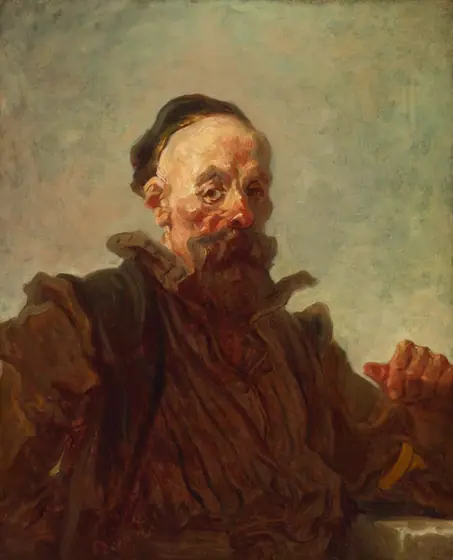 Painting of bearded, ruddy-faced man in eighteenth century style clothing.