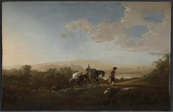 Travelers in Hilly Countryside, Aelbert Cuyp, c. 1650, oil on wood