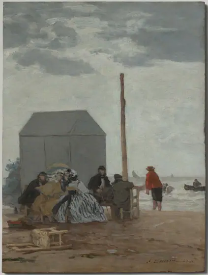 The Beach at Deauville, Eugène Boudin, 1864, oil on wood panel
