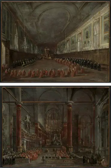 Pope Pius VI Descending the Throne to Take Leave of the Doge in the Hall of Saints Giovanni e Paolo, 1782 and Pontifical Ceremony in Saints Giovanni e Paolo, Venice, 1782 (pair), Francesco Guardi, c. 1783, oil on canvas