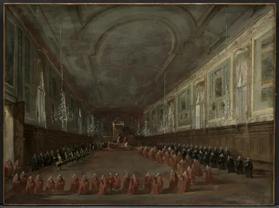Pope Pius VI Descending the Throne to Take Leave of the Doge in the Hall of Saints Giovanni e Paolo, 1782, Francesco Guardi, c. 1783, oil on canvas