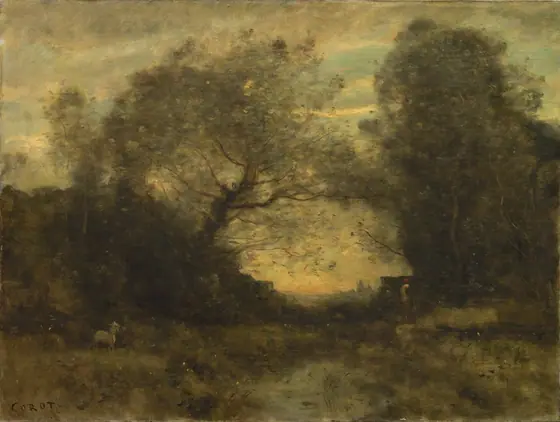 The Pond at the Entrance of the Woods, Camille Corot, c. 1860–75, oil on fabric