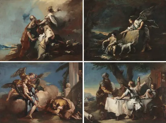 The Sacrifice of Isaac, Tobias and the Angel, The Angels Appearing to Abraham, Abraham Welcoming the Three Angels (painting series), Francesco Guardi, 1750s, oil on canvas