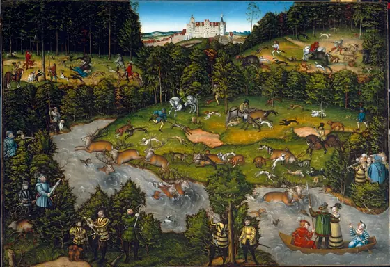 Hunting near Hartenfels Castle, Lucas Cranach the Elder, 1540, oil, originally on wood, transferred to masonite