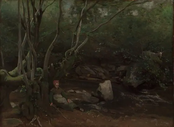 Lormes: Goat-Girl Sitting Beside a Stream in a Forest, Camille Corot, 1842, oil on fabric