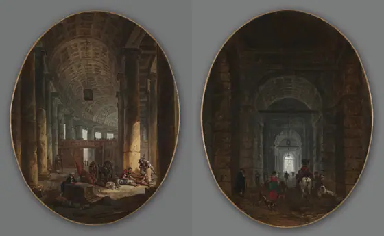 Pair of Paintings: The Colonnade of Saint Peter's, Rome, during the Conclave and The Grotto of Posillipo, Hubert Robert, c.1769, oil on canvas