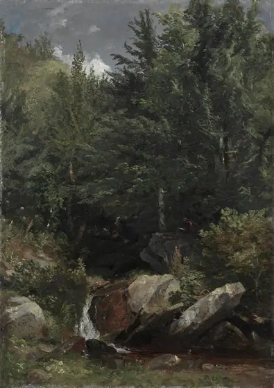 Trees and a Stream on a Hillside, Jasper Francis Cropsey, 1853, oil on board