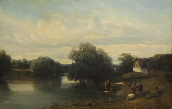 Cottage by the River with Washerwomen, Camille Flers, 1835, oil on fabric