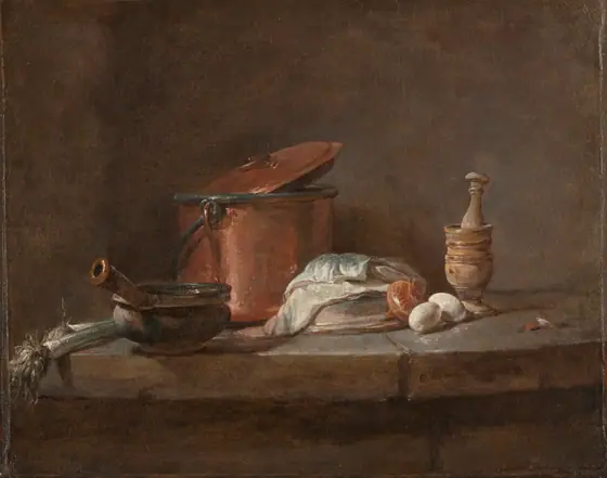 Kitchen Utensils with Leeks, Fish, and Eggs, Jean-Baptiste-Siméon Chardin, c. 1734, oil on canvas