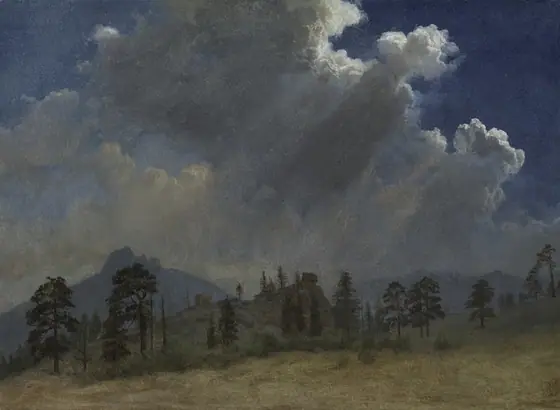 Fir Trees and Storm Clouds, Albert Bierstadt, c. 1870, oil on paper mounted on canvas