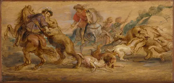 Study for "The Bear Hunt" (for the Alcázar, Madrid), Peter Paul Rubens, c. 1639, oil on wood