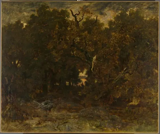 Leaving the Forest, Fontainebleau: Setting Sun, Théodore Rousseau, 1851, oil on fabric