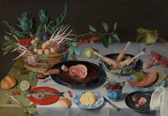 Still Life with Meat, Fish, Vegetables, and Fruit, Jacob van Hulsdonck, c. 1615–20, oil on panel, the reverse prepared with gesso