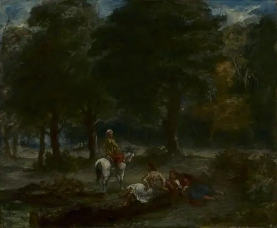 Greek Cavalry Men Resting in Forest, Eugène Delacroix, 1858, oil on fabric