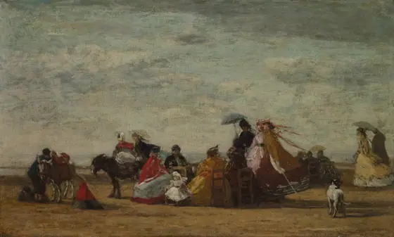 Beach Scene, Eugène Boudin, c. 1865–1867, oil on wood panel
