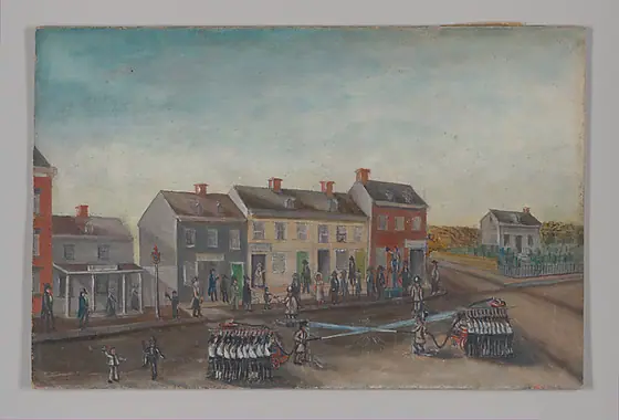 Firemen's Washing Day, William P. Chappel, 1870s, oil on slate paper
