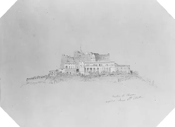 Castel San Elmo (from Cropsey Album), Jasper Francis Cropsey, 1848, graphite, white gouache, and watercolor on dark buff-colored wove paper