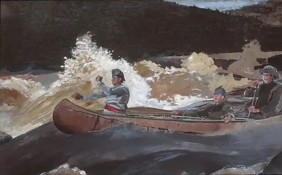 Shooting the Rapids, Saguenay River, Winslow Homer, 1905–10, oil on canvas with chalk