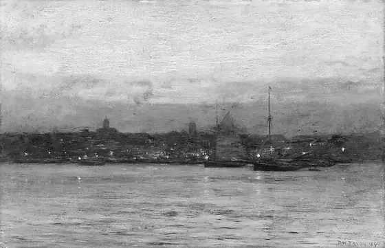 Evening, New Bedford Harbor, Dwight William Tryon, 1890, oil on wood