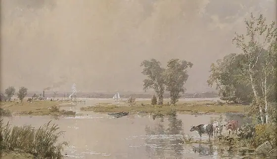 Hackensack Meadows, Jasper Francis Cropsey, 1890, watercolor, gouache, and graphite on off-white wove paper