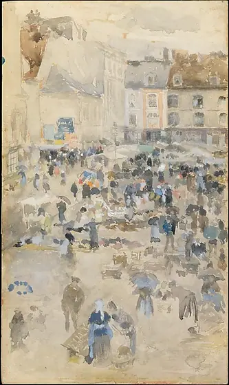 Variations in Violet and Grey—Market Place, Dieppe, James McNeill Whistler, 1885, gouache and watercolor on off-white wove paper, mounted on academy board