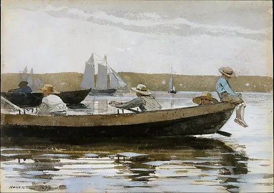 Boys in a Dory, Winslow Homer, 1873, watercolor washes and gouache over graphite underdrawing on medium rough textured white wove paper