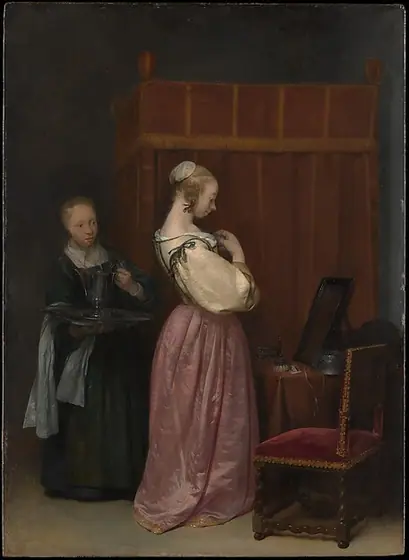 A Young Woman at Her Toilet with a Maid, Gerard ter Borch, ca. 1650–51, oil on wood