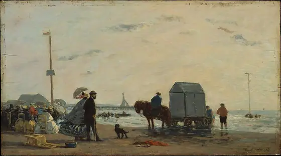 On the Beach at Trouville, Eugène Boudin, 1863, oil on wood