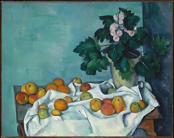 Still Life with Apples and a Pot of Primroses, Paul Cézanne, ca. 1890, oil on canvas