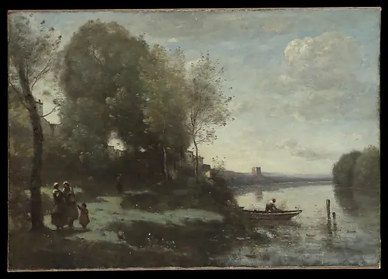 River with a Distant Tower, Camille Corot, 1865, oil on canvas