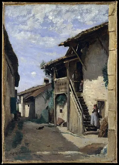 A Village Street: Dardagny, Camille Corot, 1852, 1857, or 1863, oil on canvas