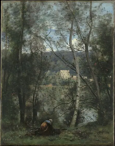 A Woman Gathering Faggots at Ville-d'Avray, Camille Corot, ca. 1871–74, oil on canvas