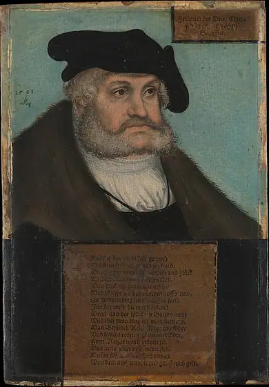 Friedrich III (1463–1525), the Wise, Elector of Saxony, Lucas Cranach the Elder, 1533, oil on beech, with letterpress-printed paper labels