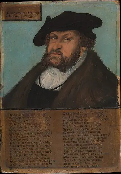 Johann I (1468–1532), the Constant, Elector of Saxony, Lucas Cranach the Elder, 1532–33, oil on beech, with letterpress-printed paper labels